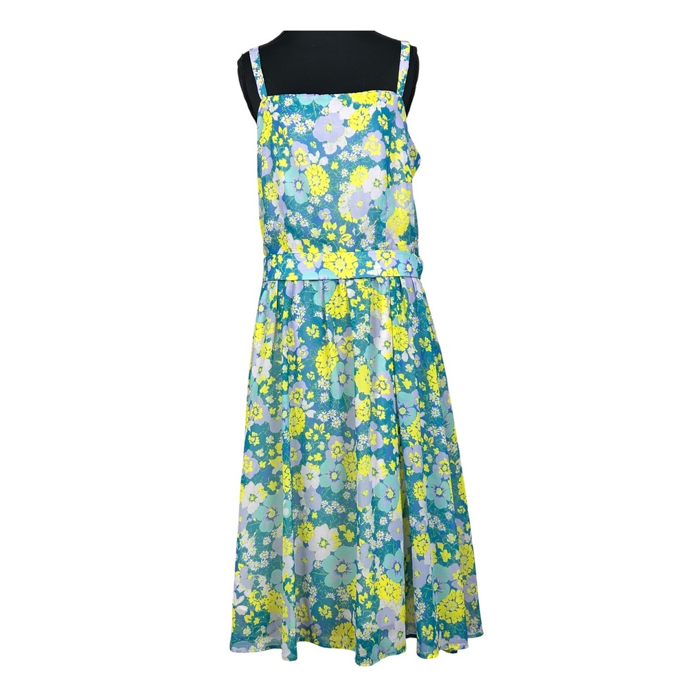 Molly Bracken Floral Midi Dress Blue Yellow Square Neck Fit Flare Large Cottage